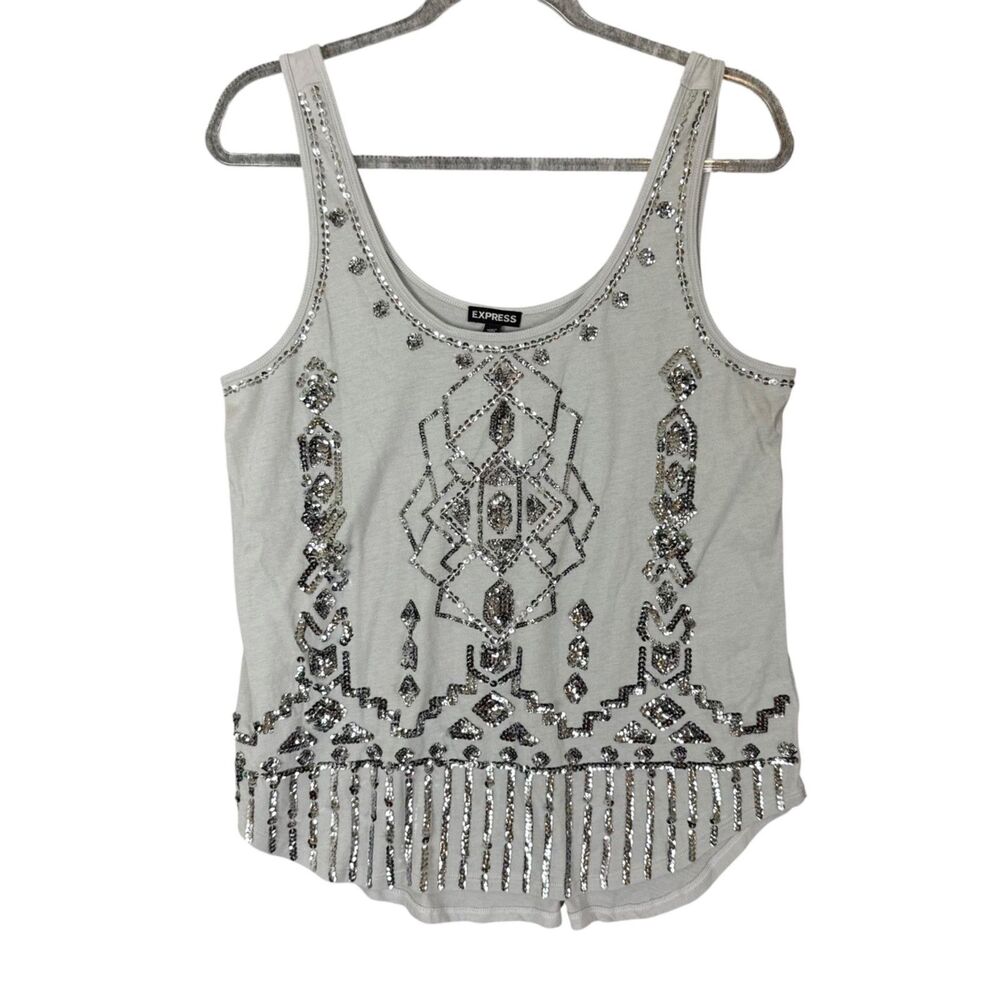 Express Womens M Gray w Silver Aztec Sequin Tank Top Boho Cotton Modal NWT